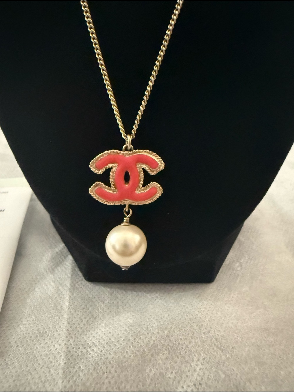 Chanel Coco Mark Swing Pearl GP Faux Necklace